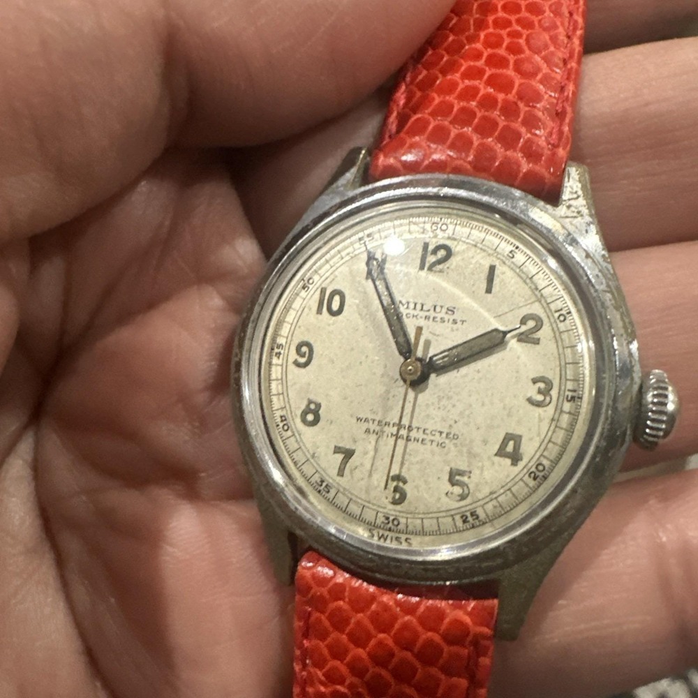 Works‎ VTG 1940s MILUS Shock-Resist 17J Swiss Military Style Watch Serviced 32mm - Picture 13 of 14